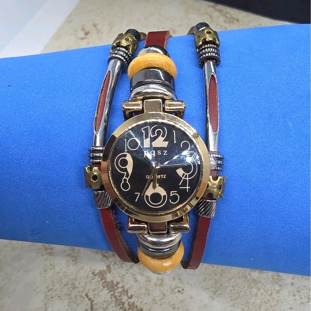 pgsz Leather and Beads Bracelet Quartz Women's Watch Prism Face Large Numbers